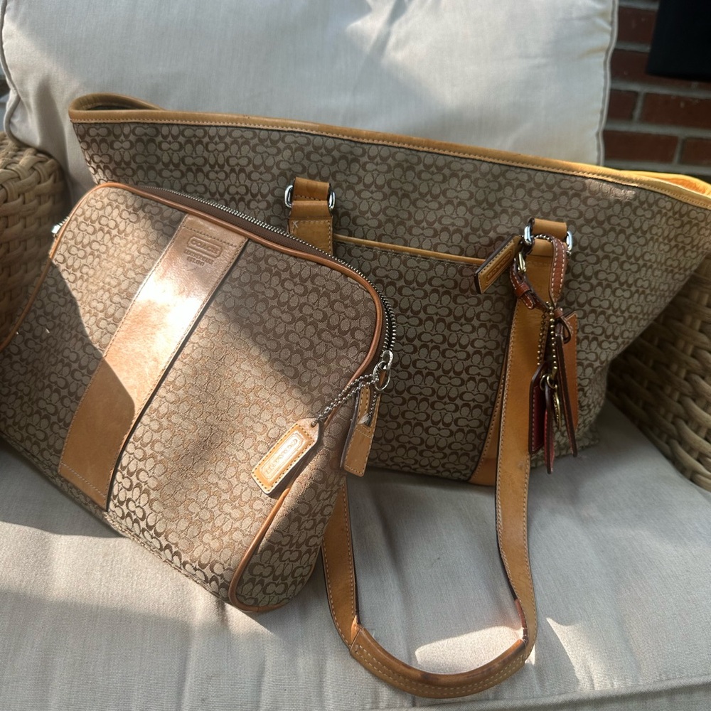 Coach Brown and Tan Monogram Travel Tote with Gold Accents+Accessorie Tavel bag.